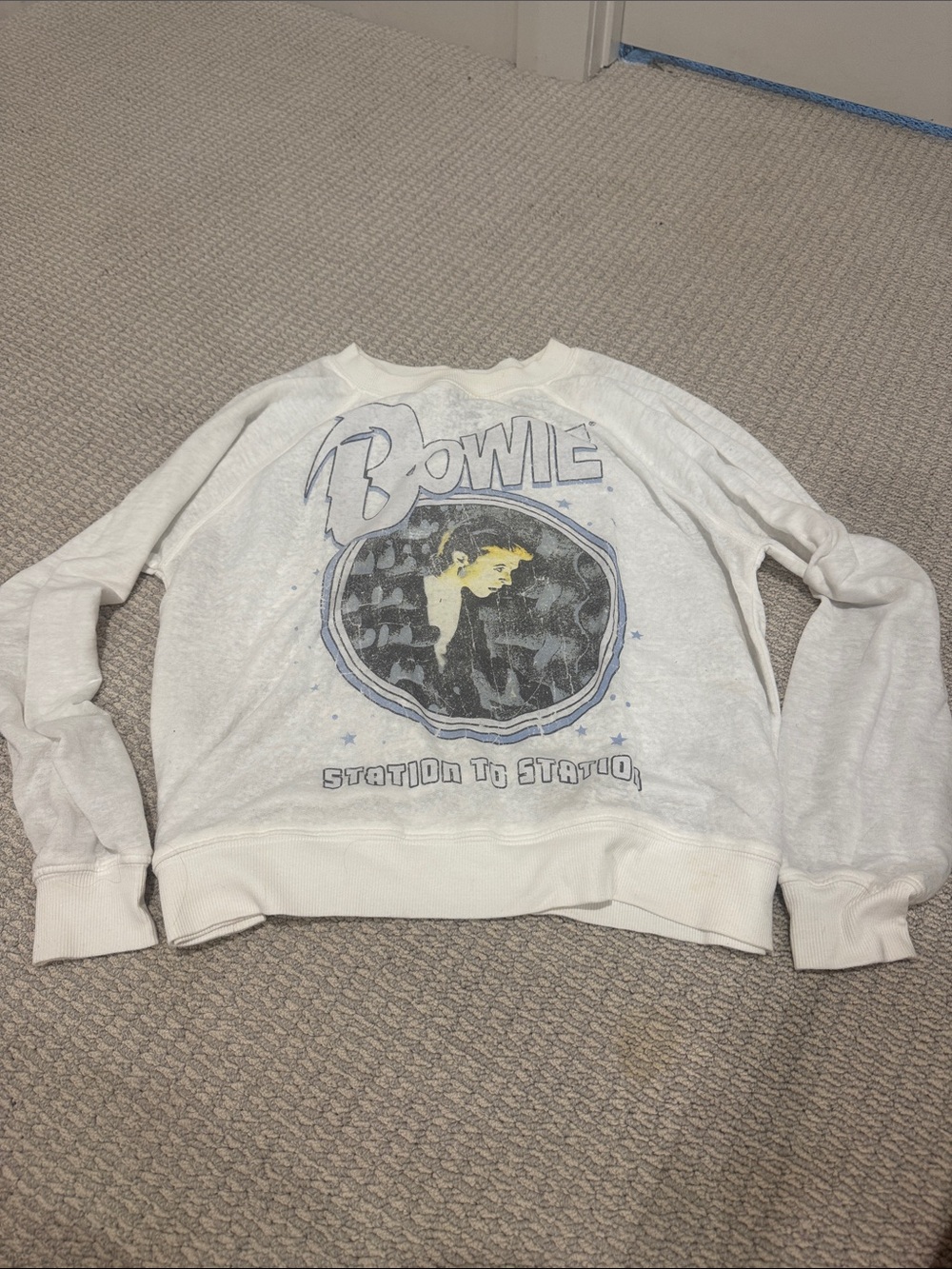 Recycled Karma White Bowie Graphic Crewneck Sweater with Blue & Yellow Accents - Picture 1 of 6